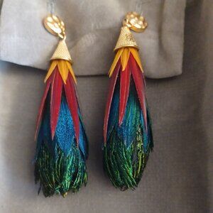 Brackish Pheasant and Peacock Feather earrings 24 gold plated nickel free